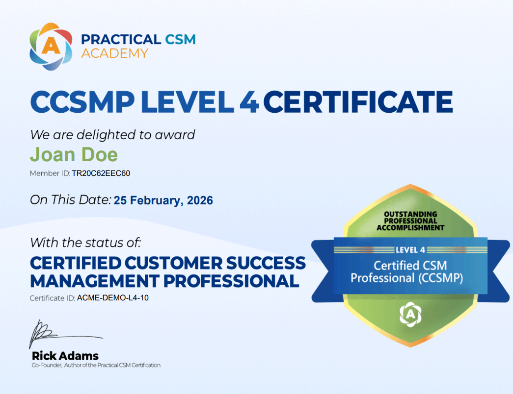 Sample CCSMP Level 4 certificate - Customer Success Manager
